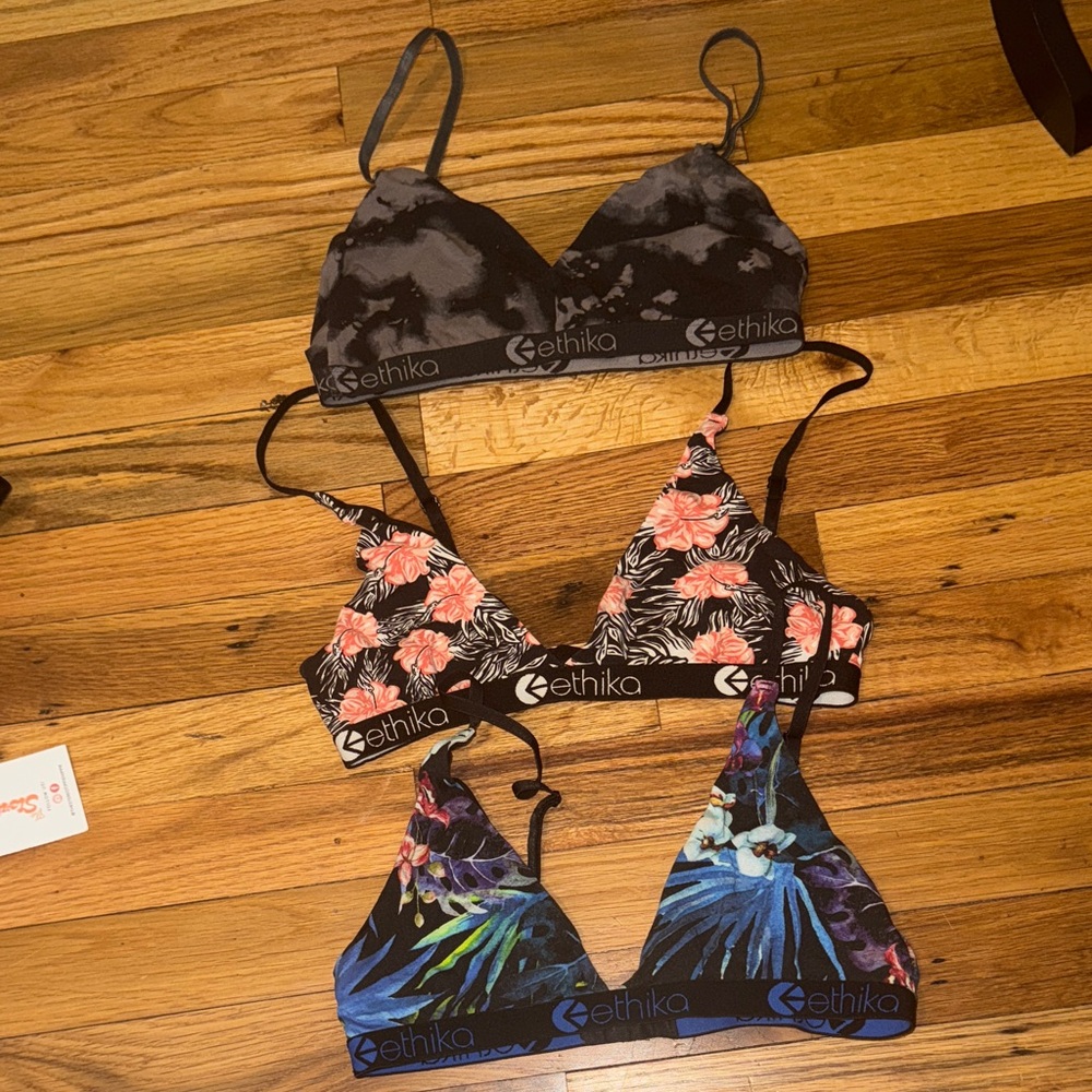 Ethika Women's Bralette Trio - Black, Pink Floral, Blue Tropical